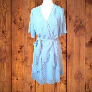 ECOWISH Women's Medium Short Sleeve Faux Wrap Swiss Dot Dress With Tie Blue NEW
